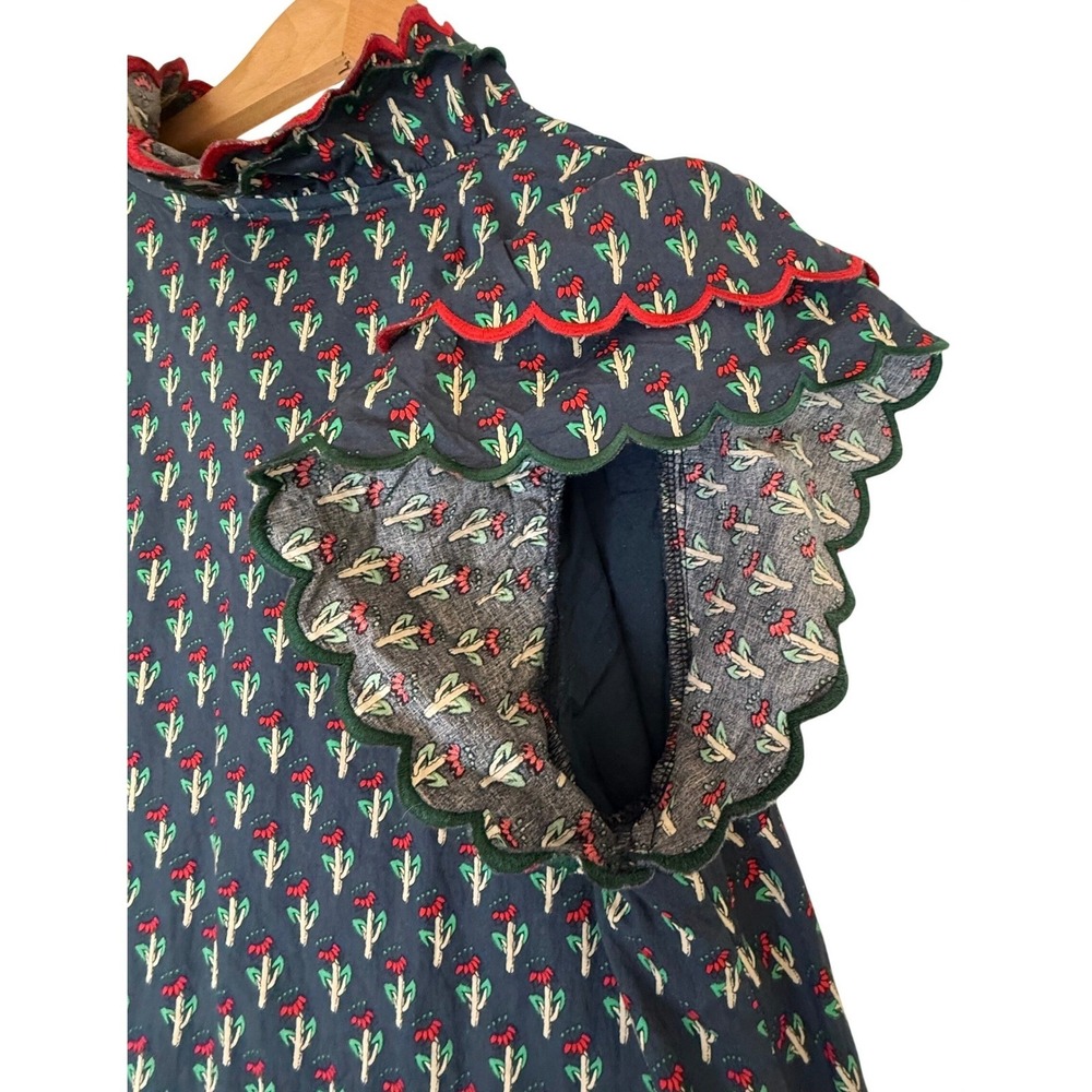 ENTRO Navy Blue Cactus Floral Flutter Sleeve Ruffle Tiered Mini Shift Dress Sz M - Picture 5 of 12